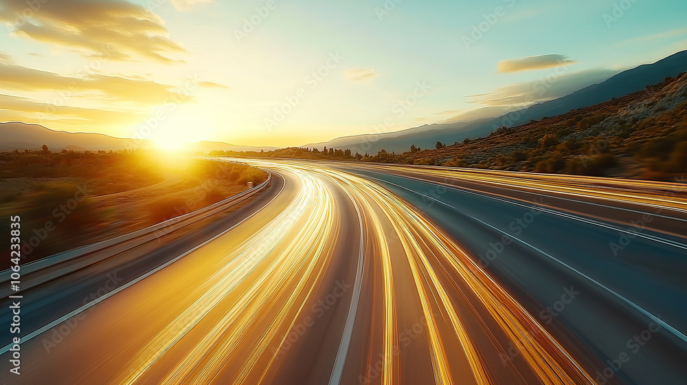 Fototapeta premium Winding road with light trails at sunset, a 3D rendering illustration of asphalt and sky during the golden hour