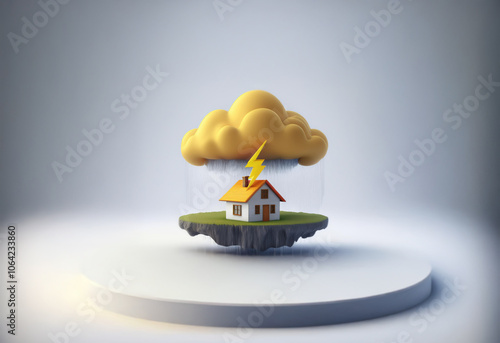 A small house sits on a floating island, a storm cloud hovers overhead with a single lightning bolt. photo