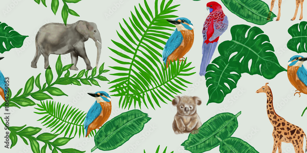 Forest seamless pattern with birds, elephants, giraffes, koalas with green leaves Forest seamless pattern with birds, elephants, giraffes, koalas with green leaves