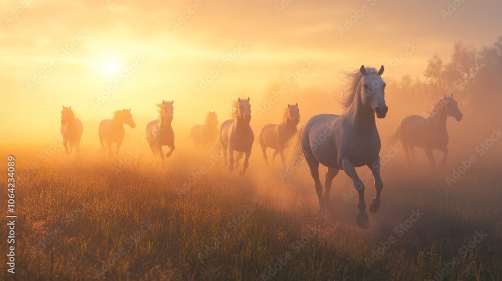 Obraz premium Herd of wild horses running across an open plain at sunrise