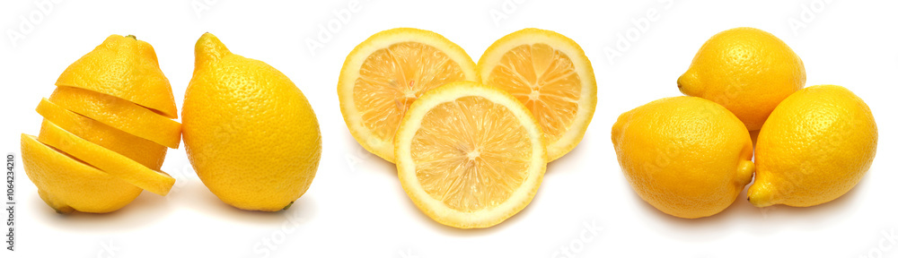 Collection of sliced lemons isolated on white background. Citrus, fresh fruit Collection of sliced lemons isolated on white background. Citrus, fresh fruit