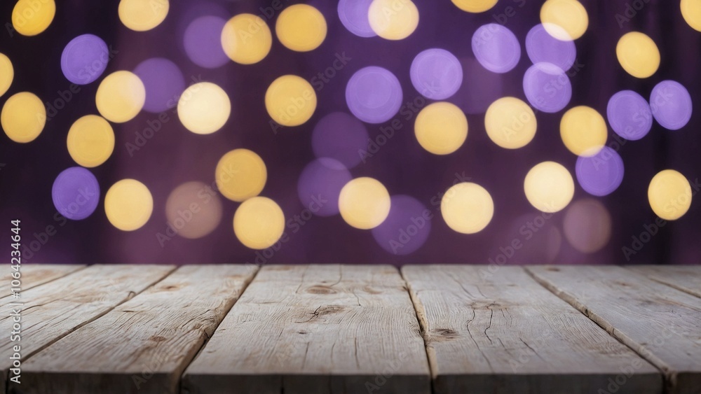 Rustic white washed plank wood board table surface with gold and white large bokeh lights and purple wall mockup background Rustic white washed plank wood board table surface with gold and white large bokeh lights and purple wall mockup background