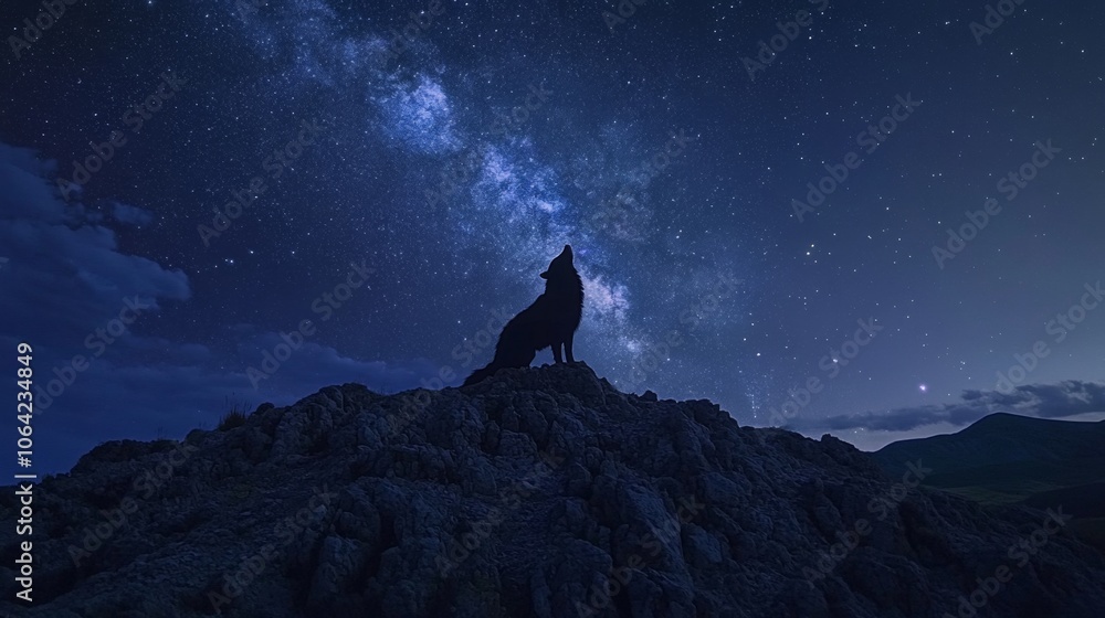 A wolf howling at the moon on a rocky hill under a starry night sky A wolf howling at the moon on a rocky hill under a starry night sky