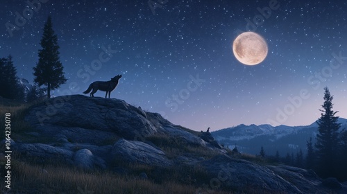 A wolf howling at the moon on a rocky hill under a starry night sky