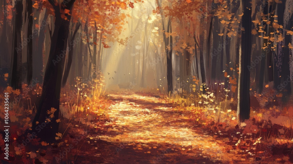 Fototapeta premium Serene forest path covered in autumn leaves, golden sunlight streaming in