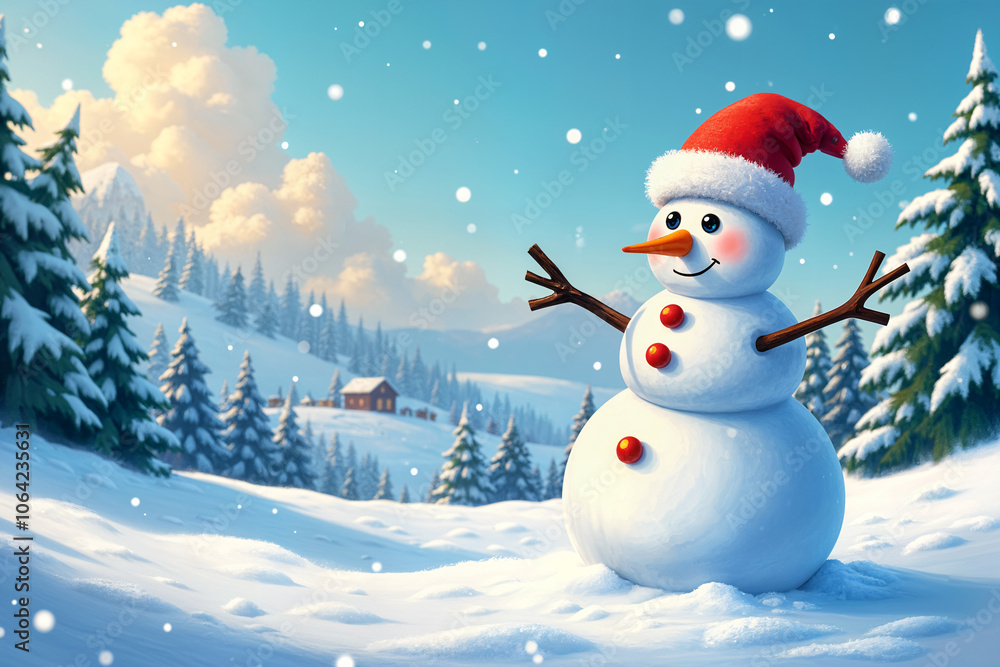 Cartoon snowman standing in the snow, surrounded by Christmas trees and a mountainous landscape. Cartoon snowman standing in the snow, surrounded by Christmas trees and a mountainous landscape.