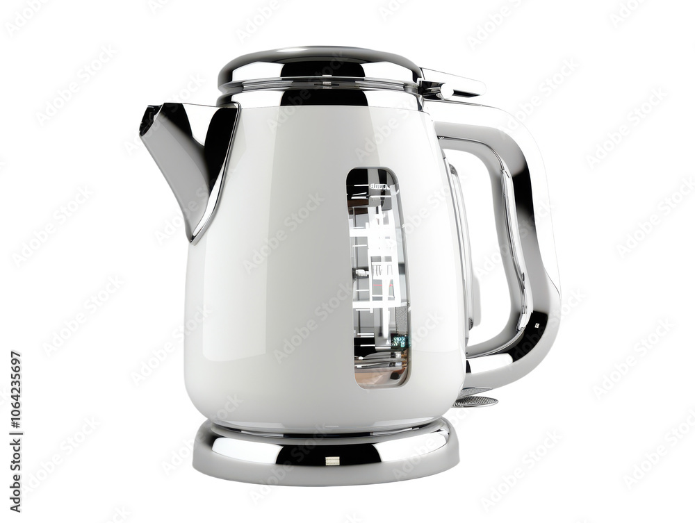 White Electric Kettle with Chrome Accents and Water Level Window on transparent background White Electric Kettle with Chrome Accents and Water Level Window on transparent background