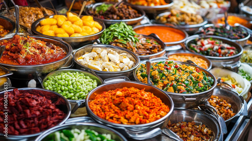 vibrant international food market showcasing diverse culinary delights, featuring colorful dishes in metal bowls, including vegetables, meats, and sauces