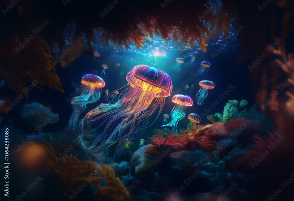 A vibrant underwater scene with bioluminescent jellyfish and colorful coral reefs. A vibrant underwater scene with bioluminescent jellyfish and colorful coral reefs.