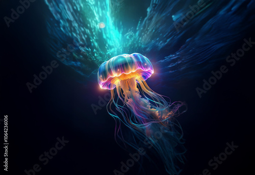 A bioluminescent jellyfish floats in the dark depths of the ocean, illuminated by an ethereal glow.