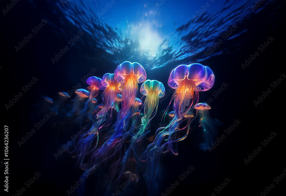 Obraz premium A school of bioluminescent jellyfish swim through the dark depths of the ocean, illuminated by a sliver of sunlight piercing the surface.