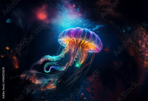 A bioluminescent jellyfish glows in the dark, its tentacles trailing like ethereal ribbons.