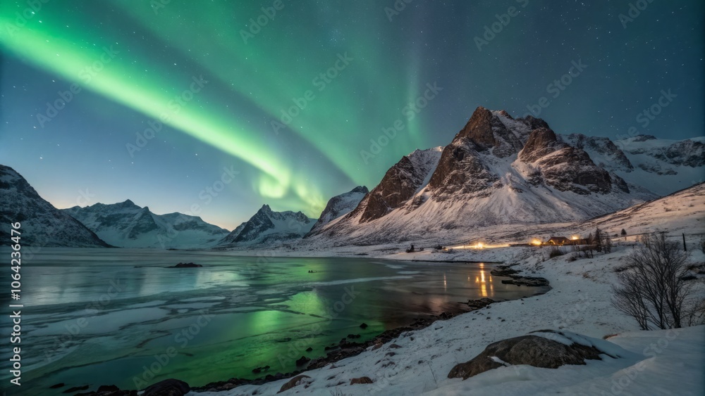 Naklejka premium Majestic Green Aurora Borealis Dancing Across a Clear Night Sky in a Stunning Natural Display