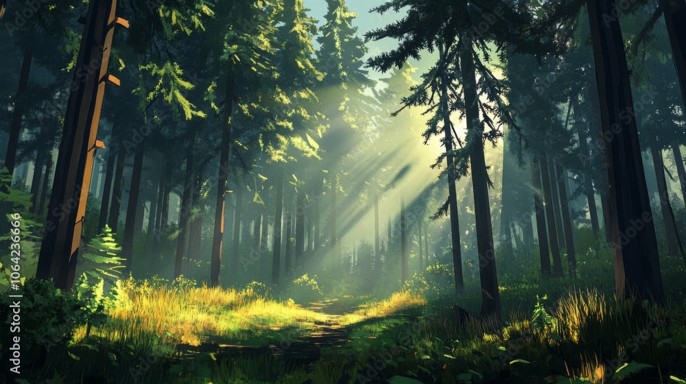 Obraz premium A dense forest with tall pine trees, sunlight filtering through the leaves