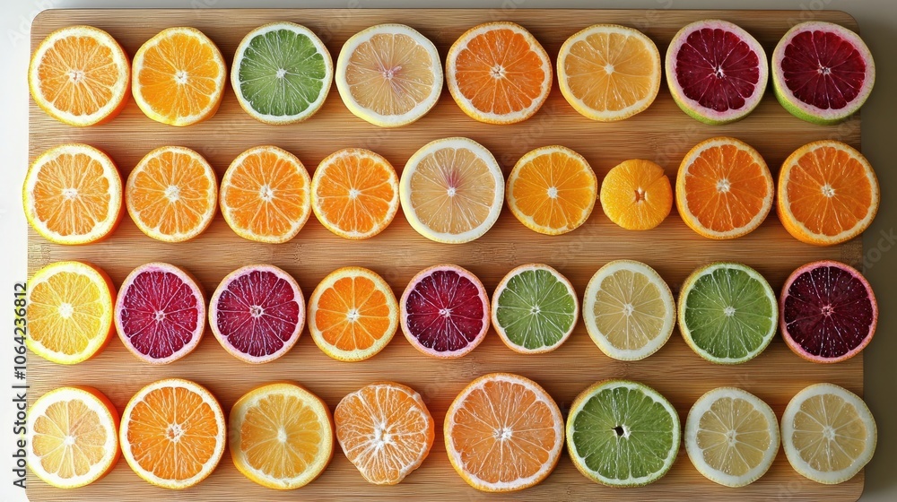 Colorful Citrus Slices on Wooden Board Display Colorful Citrus Slices on Wooden Board Display