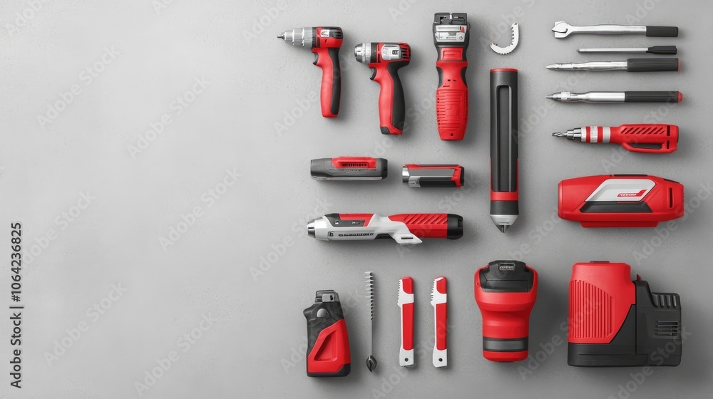Assorted Red Hand Tools on Gray Background Assorted Red Hand Tools on Gray Background