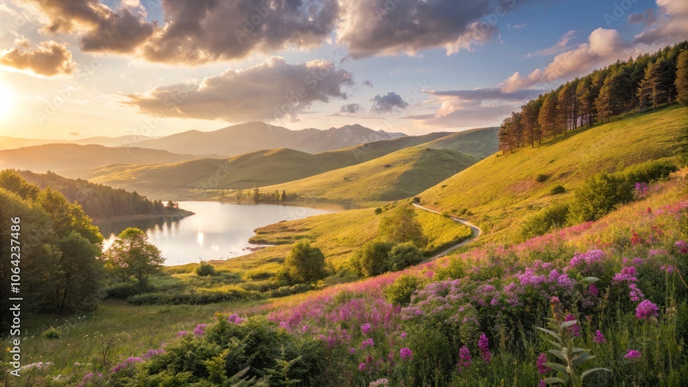 Soft Focus Serenity of Rolling Hills Bathed in Warm Light Under a Calm Sky at Golden Hour Soft Focus Serenity of Rolling Hills Bathed in Warm Light Under a Calm Sky at Golden Hour
