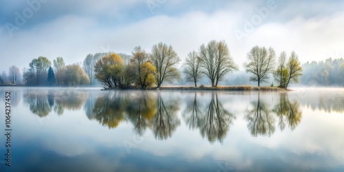 A serene lake with reflected trees and a misty atmosphere on a grey background, misty atmosphere, calm waters, soothing colors