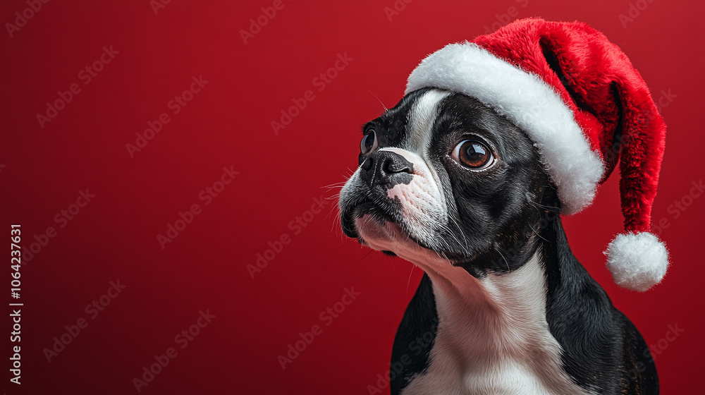 Boston Terrier with Santa hat isolated with space for text. Boston Terrier with Santa hat isolated with space for text.