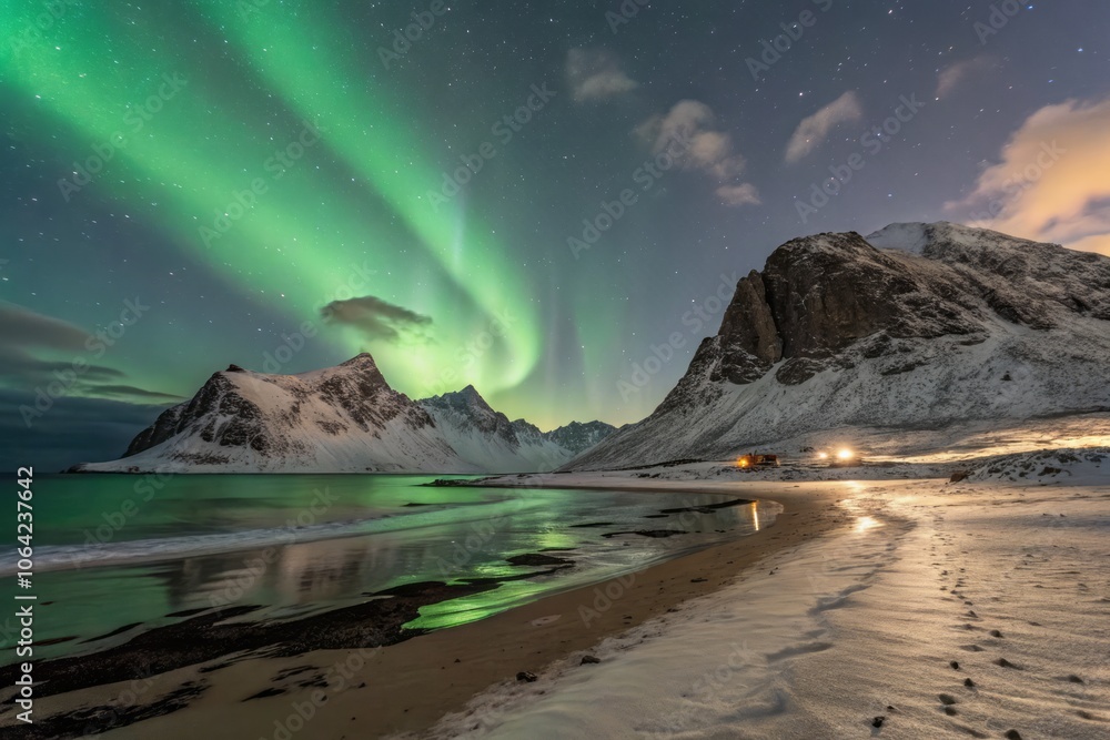 Naklejka premium Breathtaking Night View of Vibrant Green Aurora Borealis Illuminating the Starry Sky Above