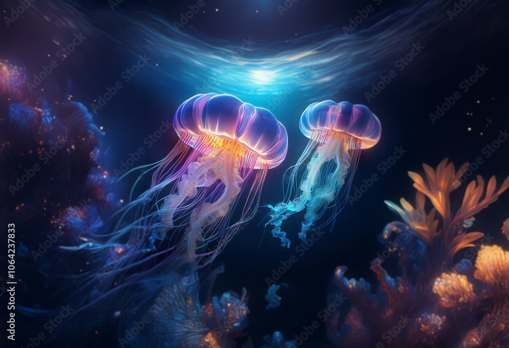 Two bioluminescent jellyfish drift through a dark, underwater scene illuminated by an ethereal glow. Two bioluminescent jellyfish drift through a dark, underwater scene illuminated by an ethereal glow.