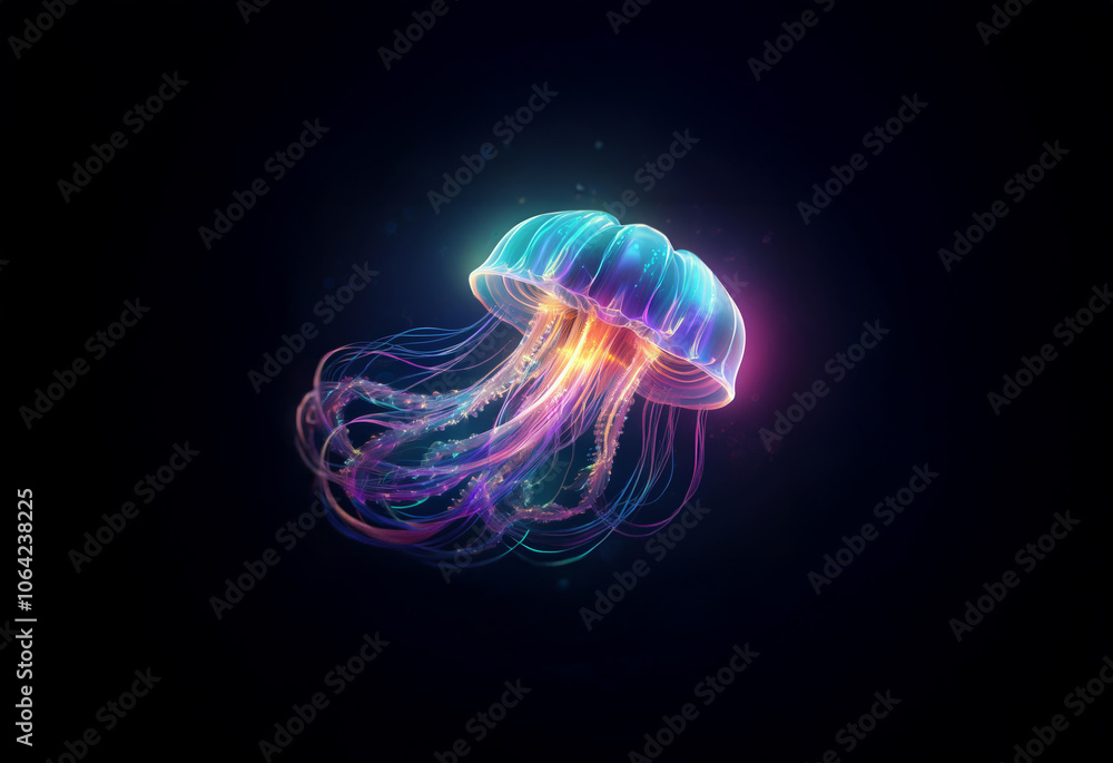 A glowing jellyfish with iridescent tentacles drifts in a dark abyss. A glowing jellyfish with iridescent tentacles drifts in a dark abyss.