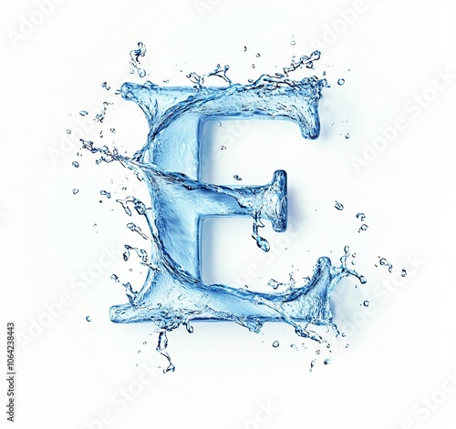 Water font letter E made of water on white background. blue liquid ocean. 3d