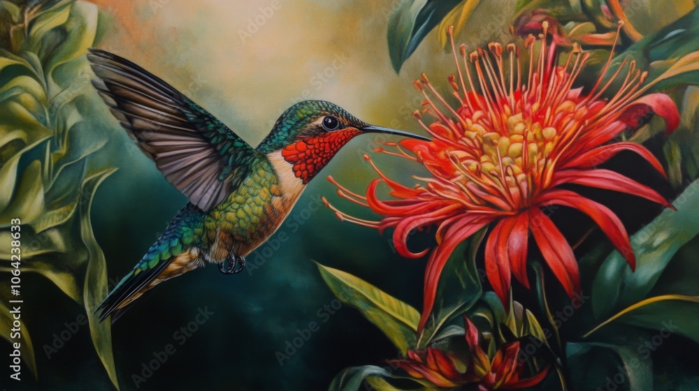 A hummingbird drinking nectar from a vibrant flower A hummingbird drinking nectar from a vibrant flower