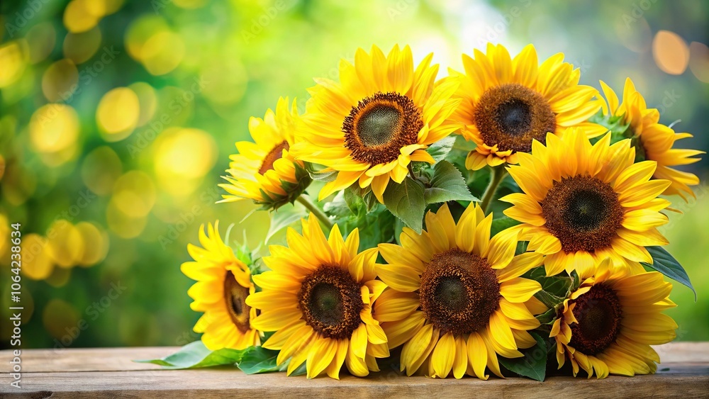 Fototapeta premium A stunning bouquet of sunflowers with bright yellow petals and green leaves, bright yellow, bright colors, sunflowers, fresh cut flowers