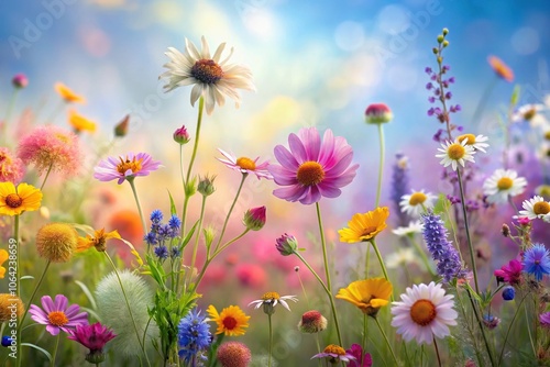 A stunning array of colorful wildflowers sways gently in the breeze against a soft lavender background, colors, nature, landscape, blossoms