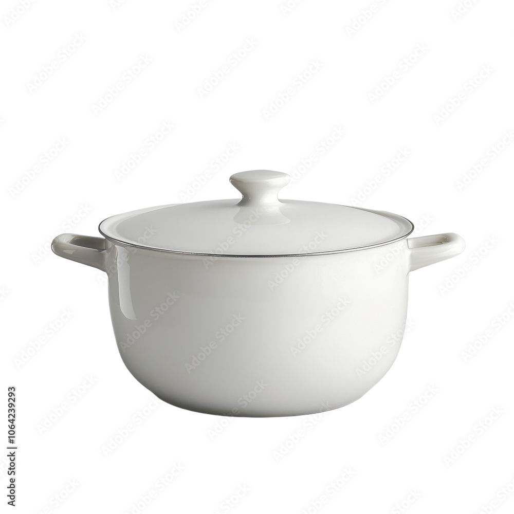White Ceramic Pot with Lid and Handles on transparent background White Ceramic Pot with Lid and Handles on transparent background