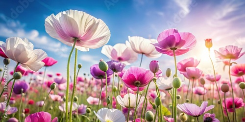 A whimsical image of a field of poppies in shades of pink, purple, and white swaying gently in the wind on a sunny day, playful, whimsical, spring