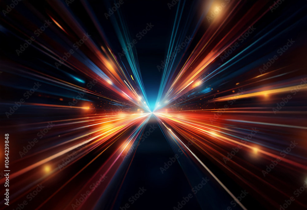 Abstract motion blur with streaks of light in red, orange, blue, and yellow converge towards a bright center, radiating outward. Abstract motion blur with streaks of light in red, orange, blue, and yellow converge towards a bright center, radiating outward.