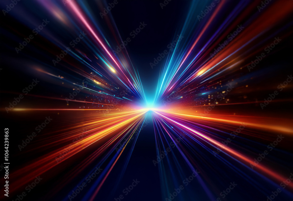 Abstract digital art depicting a bright light emanating from a dark center and streaks of colorful light radiating outwards. Abstract digital art depicting a bright light emanating from a dark center and streaks of colorful light radiating outwards.