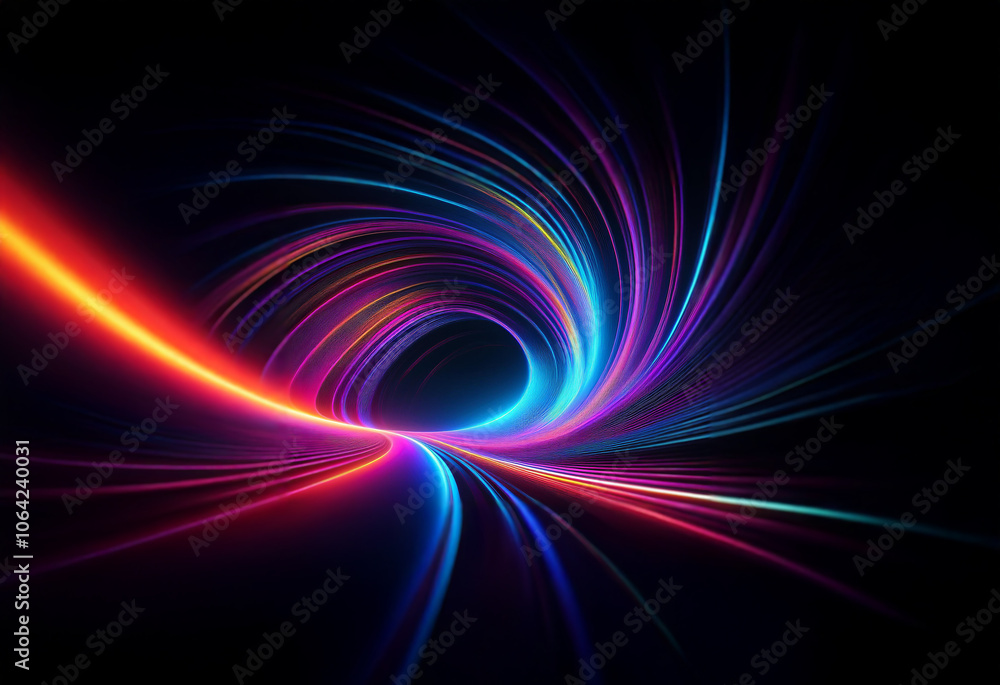 An abstract vortex of swirling neon lines in vibrant colors against a black background. An abstract vortex of swirling neon lines in vibrant colors against a black background.