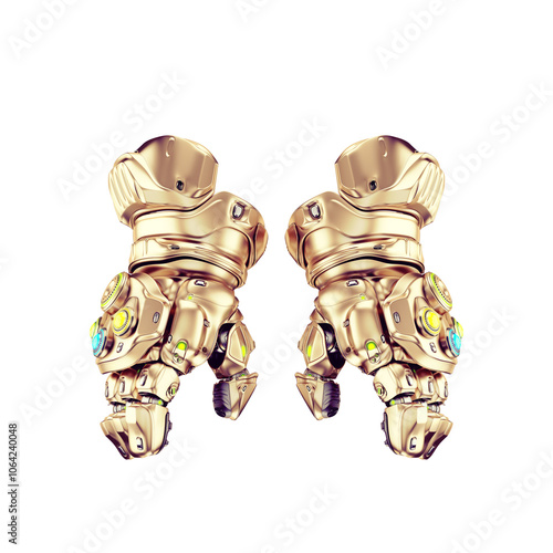 Futuristic robotic gauntlets with intricate metallic design in bright light, showcasing advanced technology and symmetrical craftsmanship, detailed mechanical structure