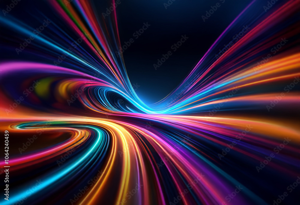 Abstract, colorful, dynamic streaks of light converge and create a swirling, hypnotic pattern against a dark background. Abstract, colorful, dynamic streaks of light converge and create a swirling, hypnotic pattern against a dark background.