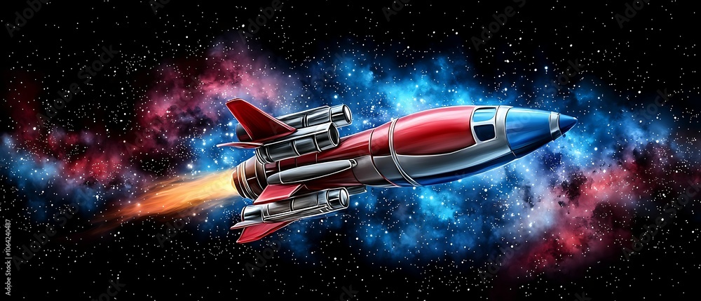 Explore the cosmic adventure of a rocket ship traveling through the vibrant universe Explore the cosmic adventure of a rocket ship traveling through the vibrant universe