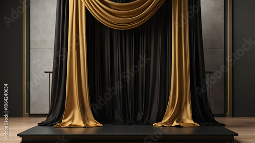 Podim with black and gold curtains for product presentations: Models and illustrations generative ai