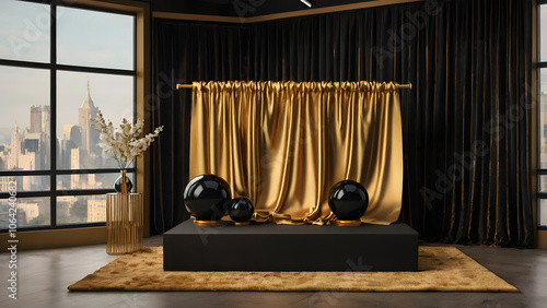 Podim with black and gold curtains for product presentations: Models and illustrations generative ai photo