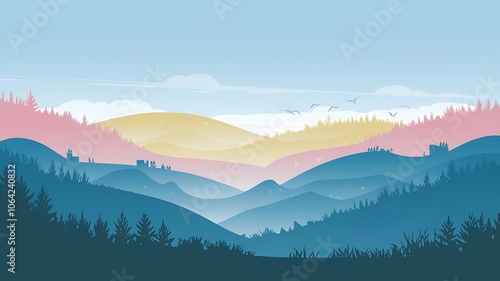 A Dreamy Landscape with Silhouetted Trees and Rolling Hills