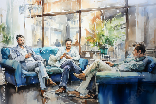 Three men in casual business attire relax on blue sofas in a modern, bright lounge with large windows and greenery.