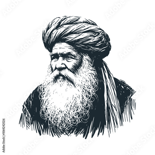 Old man's thick beard wearing a turban. Black white vector illustration.