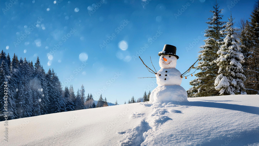 Obraz premium Snowmen on a snowy hill with a winter pine forest in the background