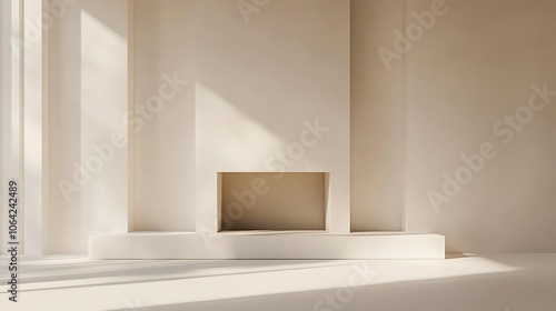 Minimalist White Room with Fireplace and Sunlight