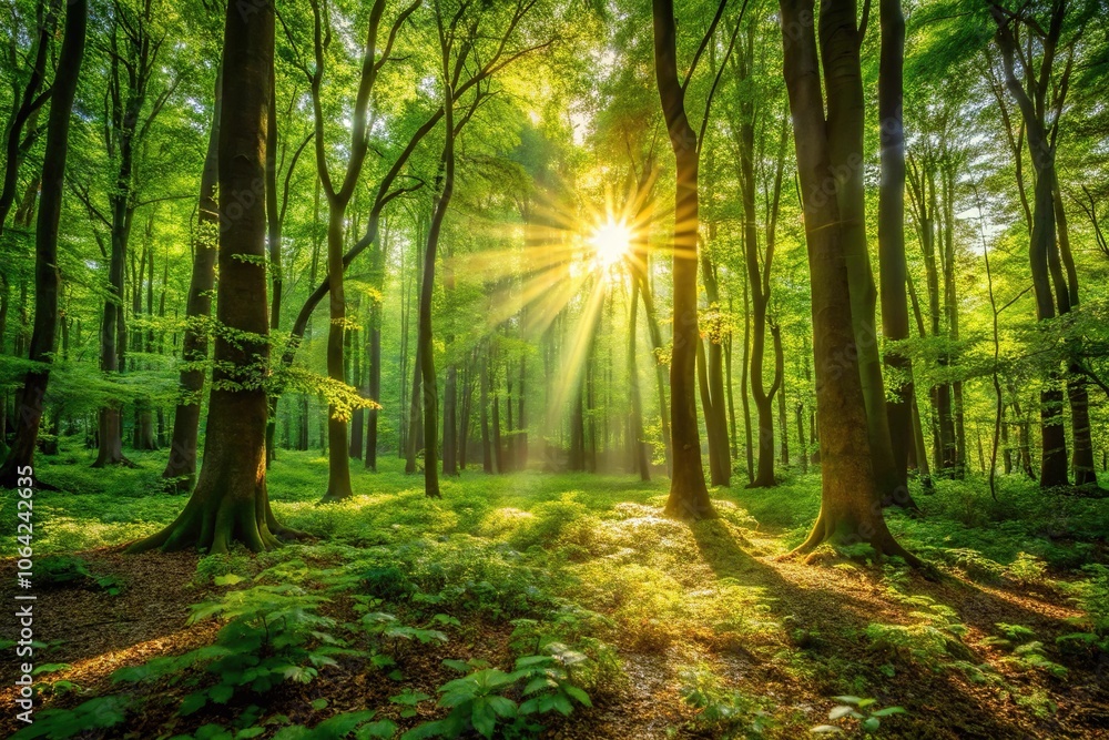 Fototapeta premium Dense foliage with sunlight filtering through trees, creating a dappled effect on the forest floor, leaves, undergrowth, wood, branches