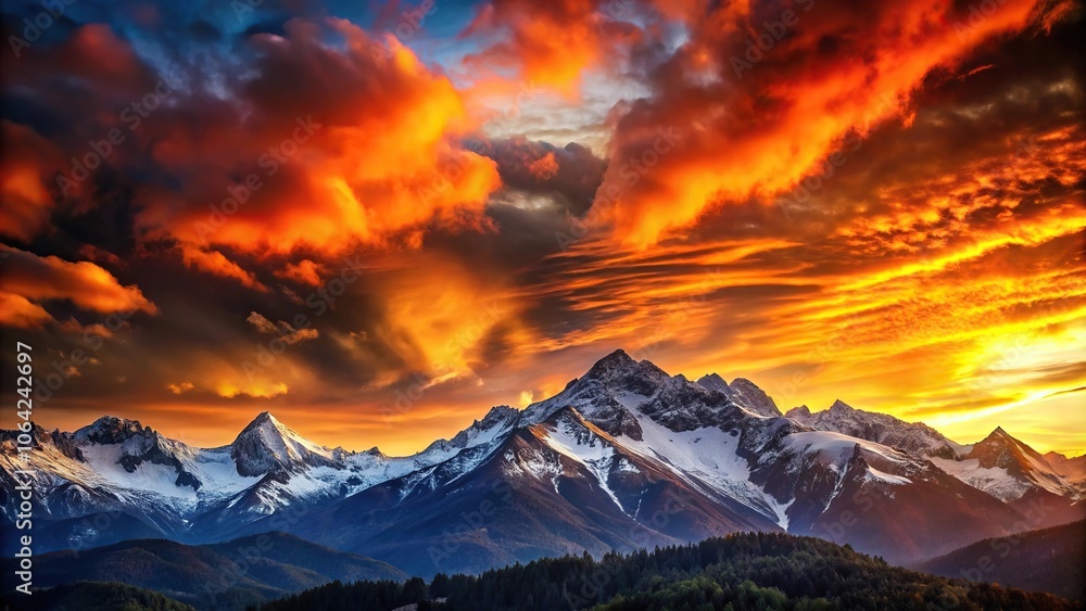 Fototapeta premium Dramatic mountain sunset with snow-capped peaks and a fiery sky, natural wonder, fiery sky, golden hour, scenic vistas