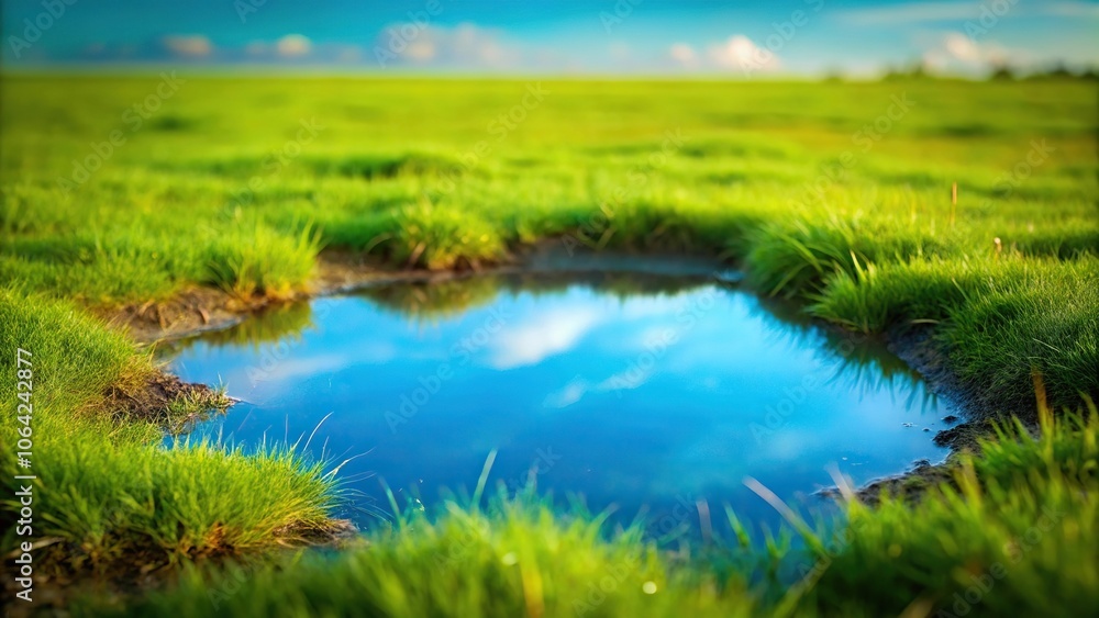 Dripping blue water forms a small puddle in the middle of a green-blue landscape, liquid drop on stone, calm lake, droplet on ground, blue pool, serene forest Dripping blue water forms a small puddle in the middle of a green-blue landscape, liquid drop on stone, calm lake, droplet on ground, blue pool, serene forest