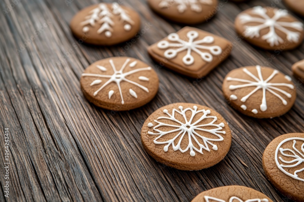 A plate of gingerbread cookies with white icing and snowflake designs A plate of gingerbread cookies with white icing and snowflake designs