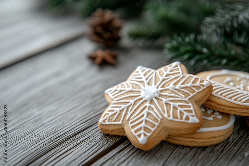 A couple of cookies with white icing on top of a wooden table A couple of cookies with white icing on top of a wooden table